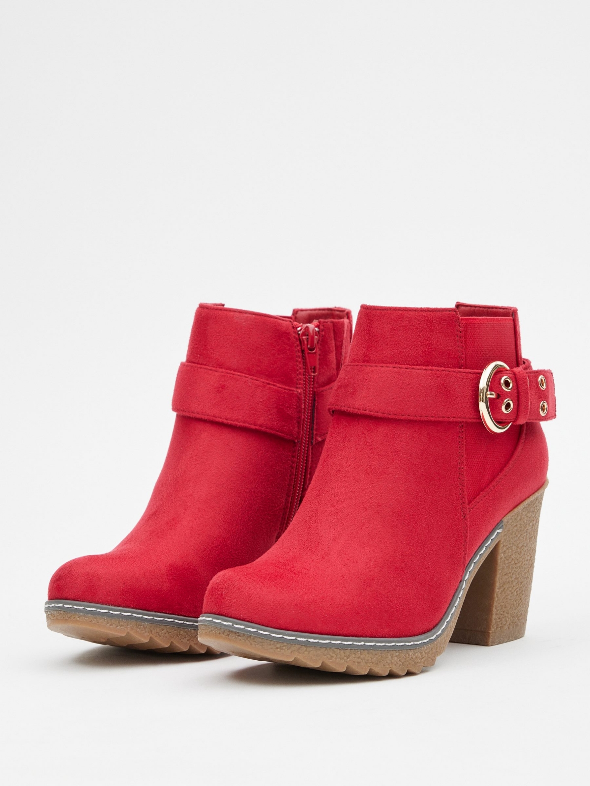 Red ankle boots with buckle red 45º front view