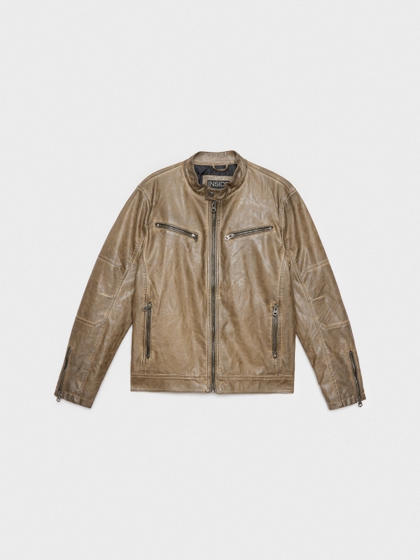  Leather effect jacket with zips brown