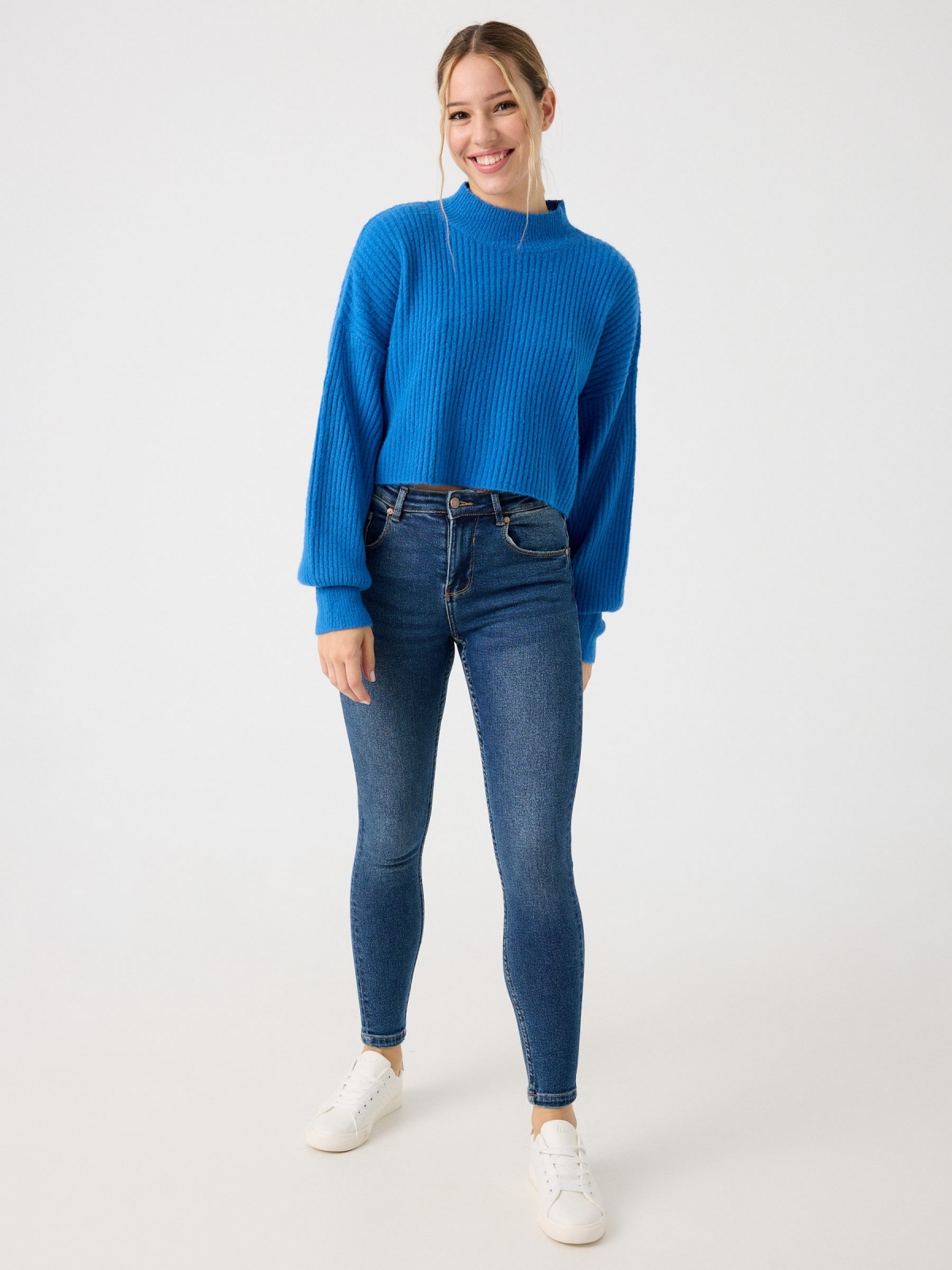 Perkins neck ribbed jumper blue front view