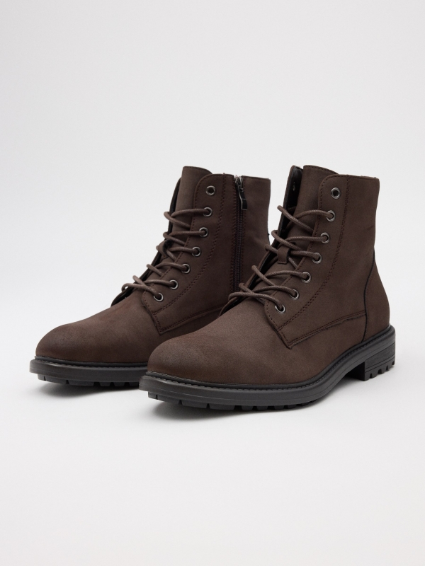 Mid-calf ankle boots with laces dark brown 45º front view