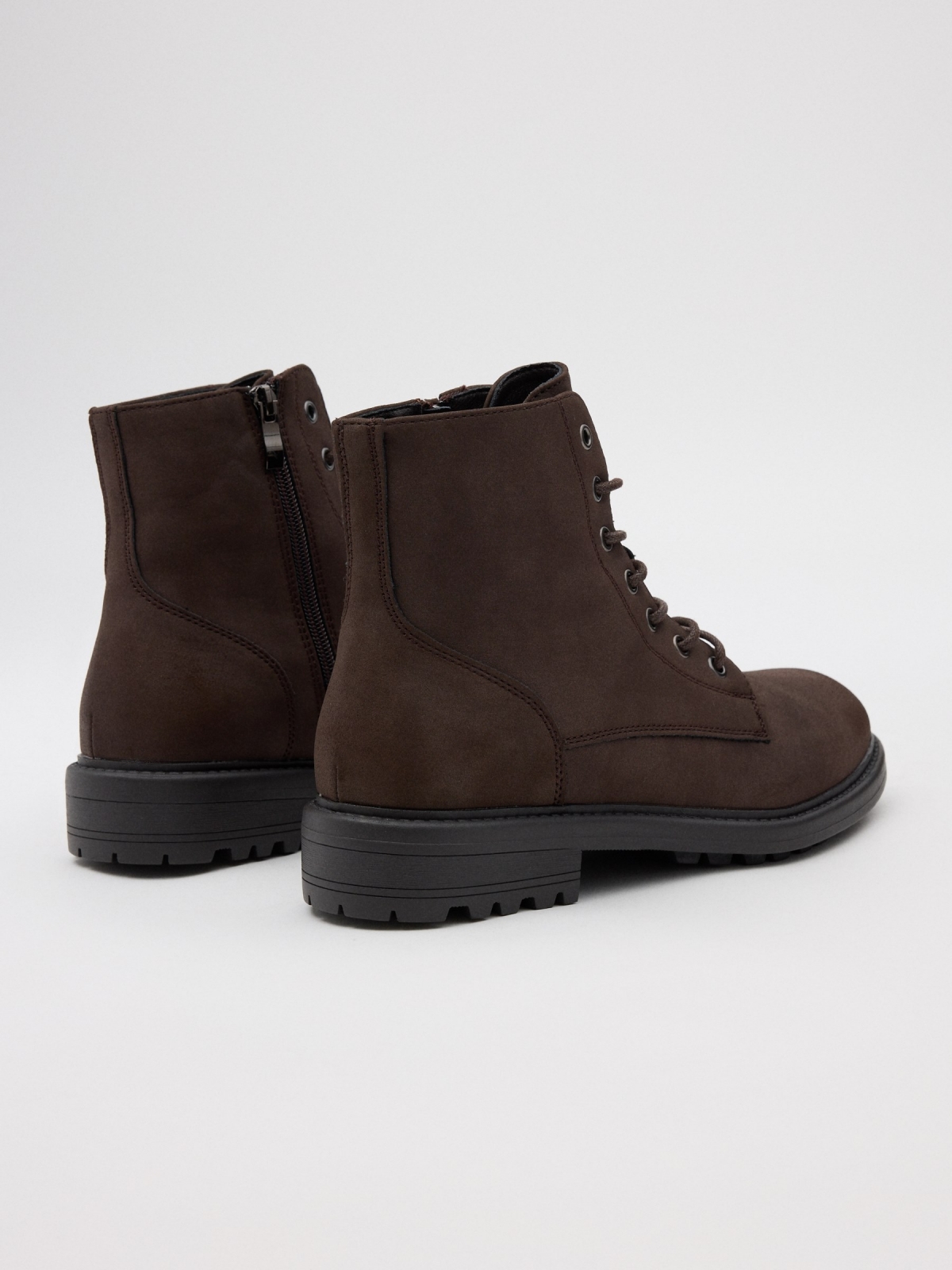 Mid-calf ankle boots with laces dark brown 45º back view
