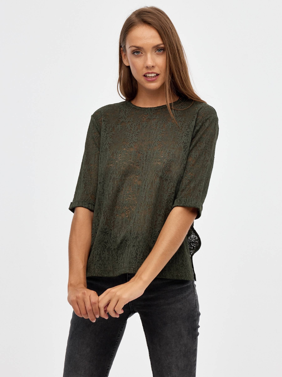 Printed lace t-shirt dark green middle front view