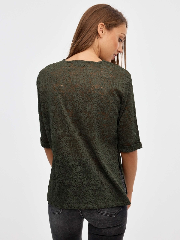 T-shirt de renda estampada verde escuro vista meia traseira