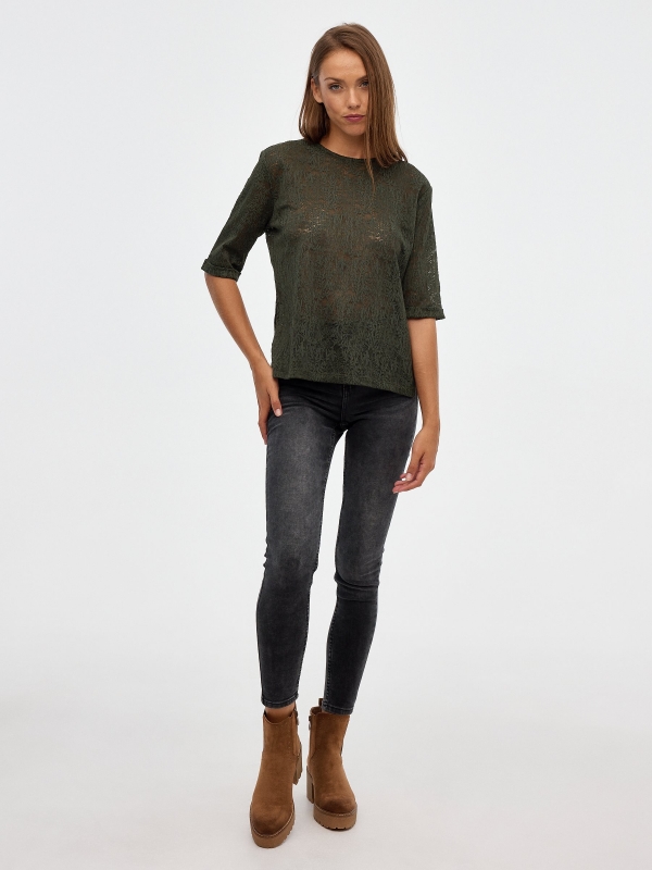 Printed lace t-shirt dark green front view