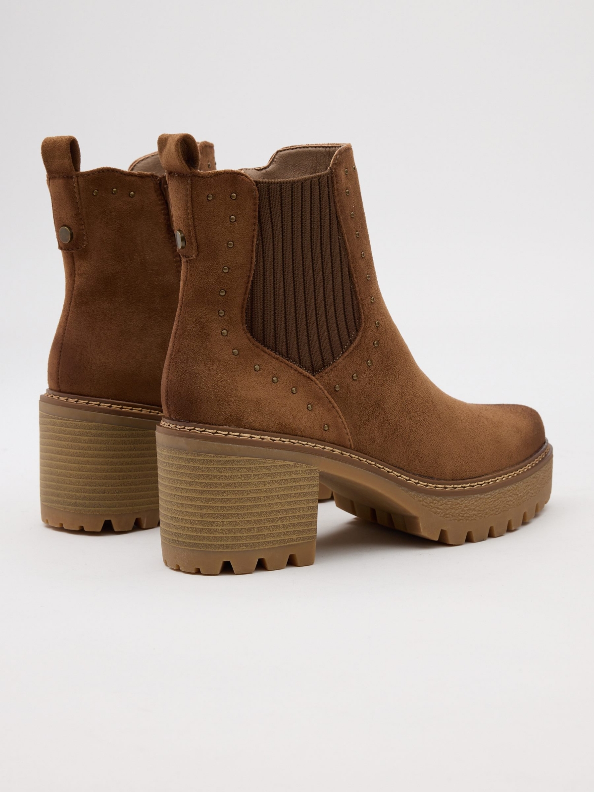 Platform ankle boots with studs brown 45º back view