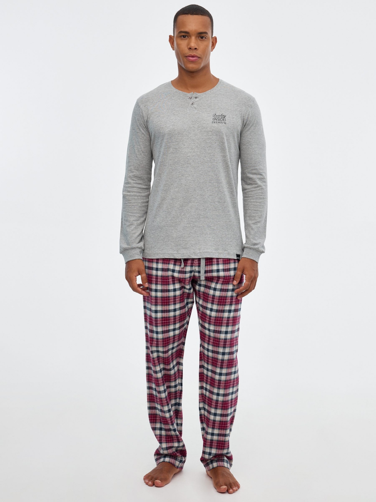 Plaid pajama pants grey front view