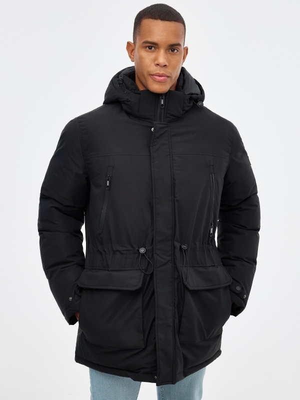 Hooded parka black middle front view