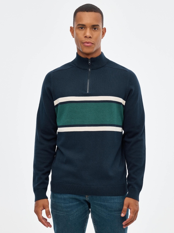 Zipper neck sweater navy middle front view