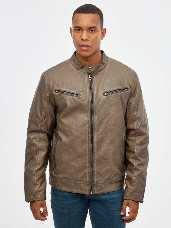 Leather effect jacket with zips brown middle front view