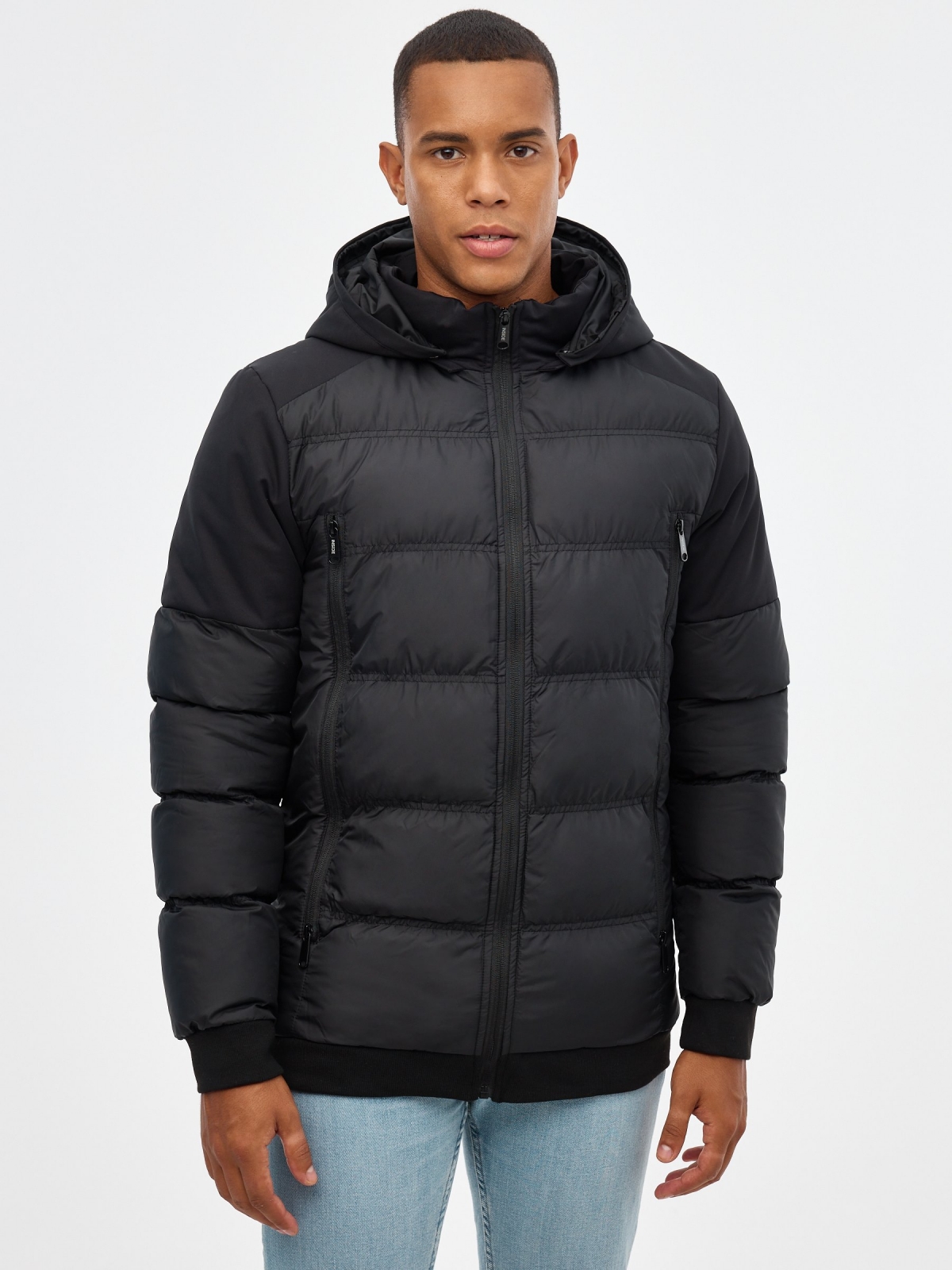 Nylon coat with long zippers black middle front view