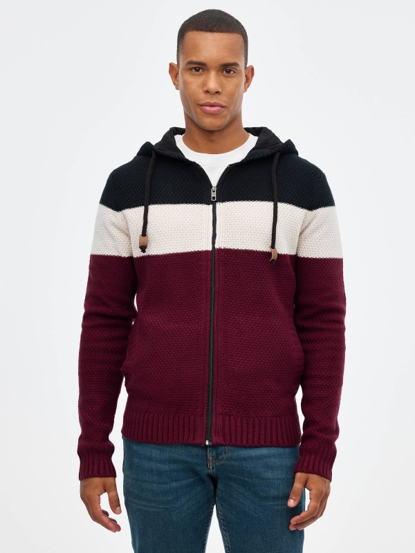 Hooded cardigan burgundy middle front view