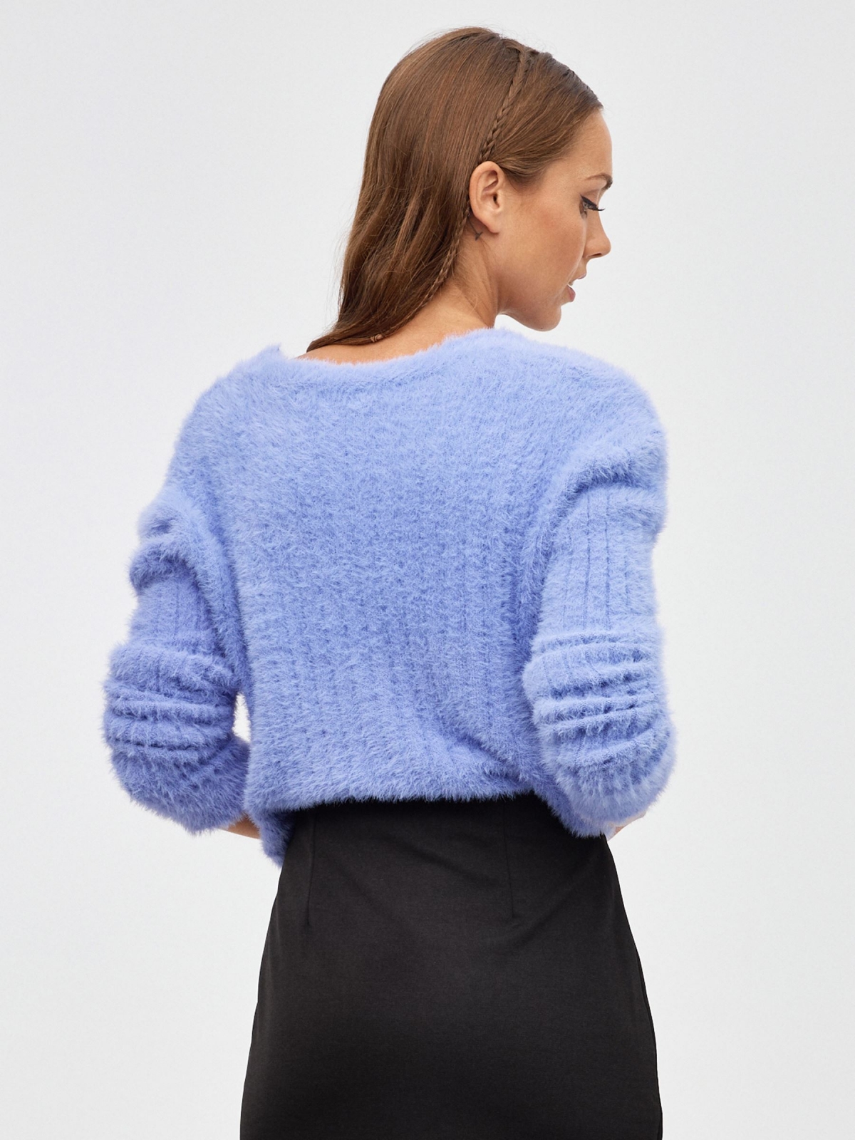 Fur-effect knitted cardigan lilac middle back view