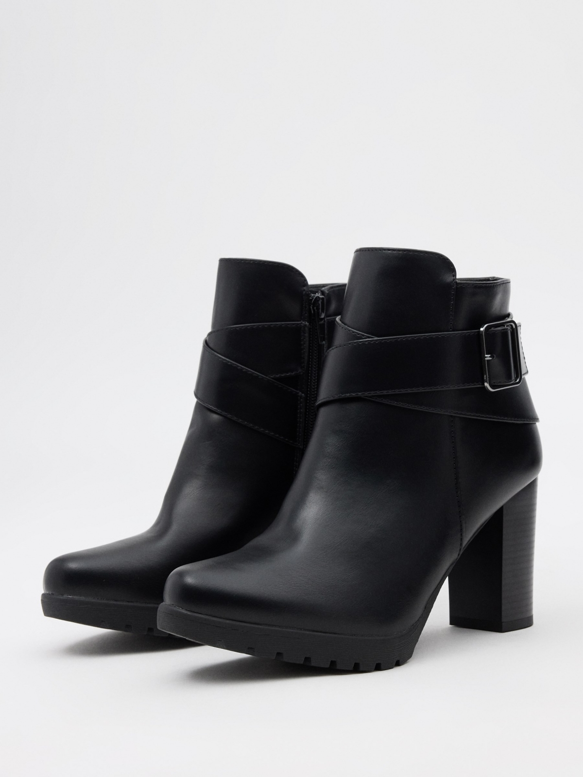 Ankle boots buckle cross straps black 45º front view