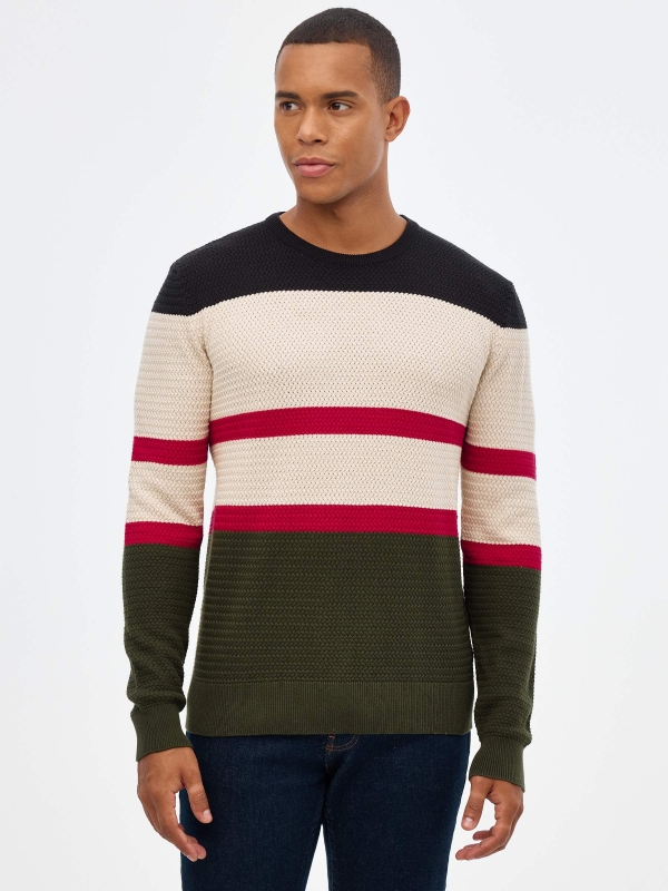 Regular sweater color block stripes black middle front view