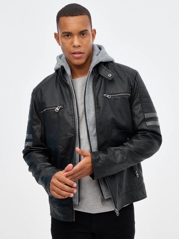 Combined hooded leatherette jacket black detail view