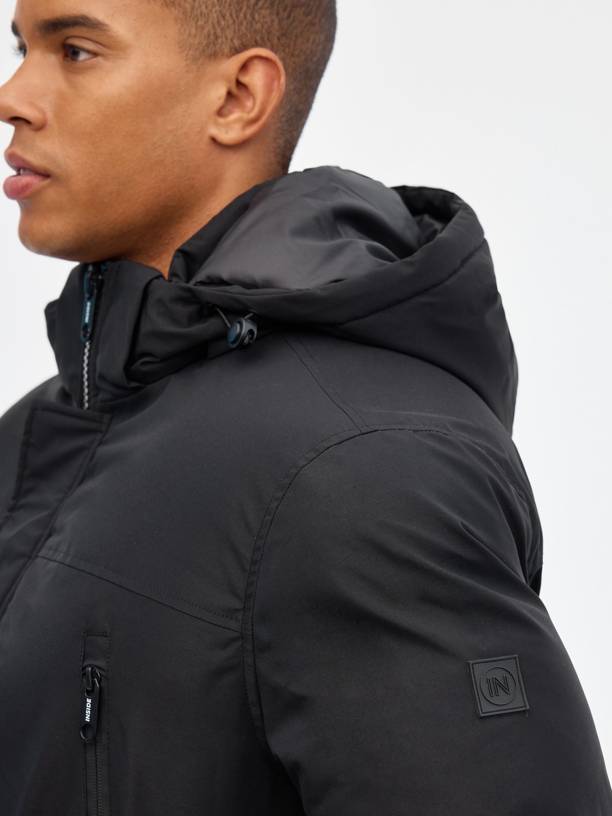 Hooded parka black detail view