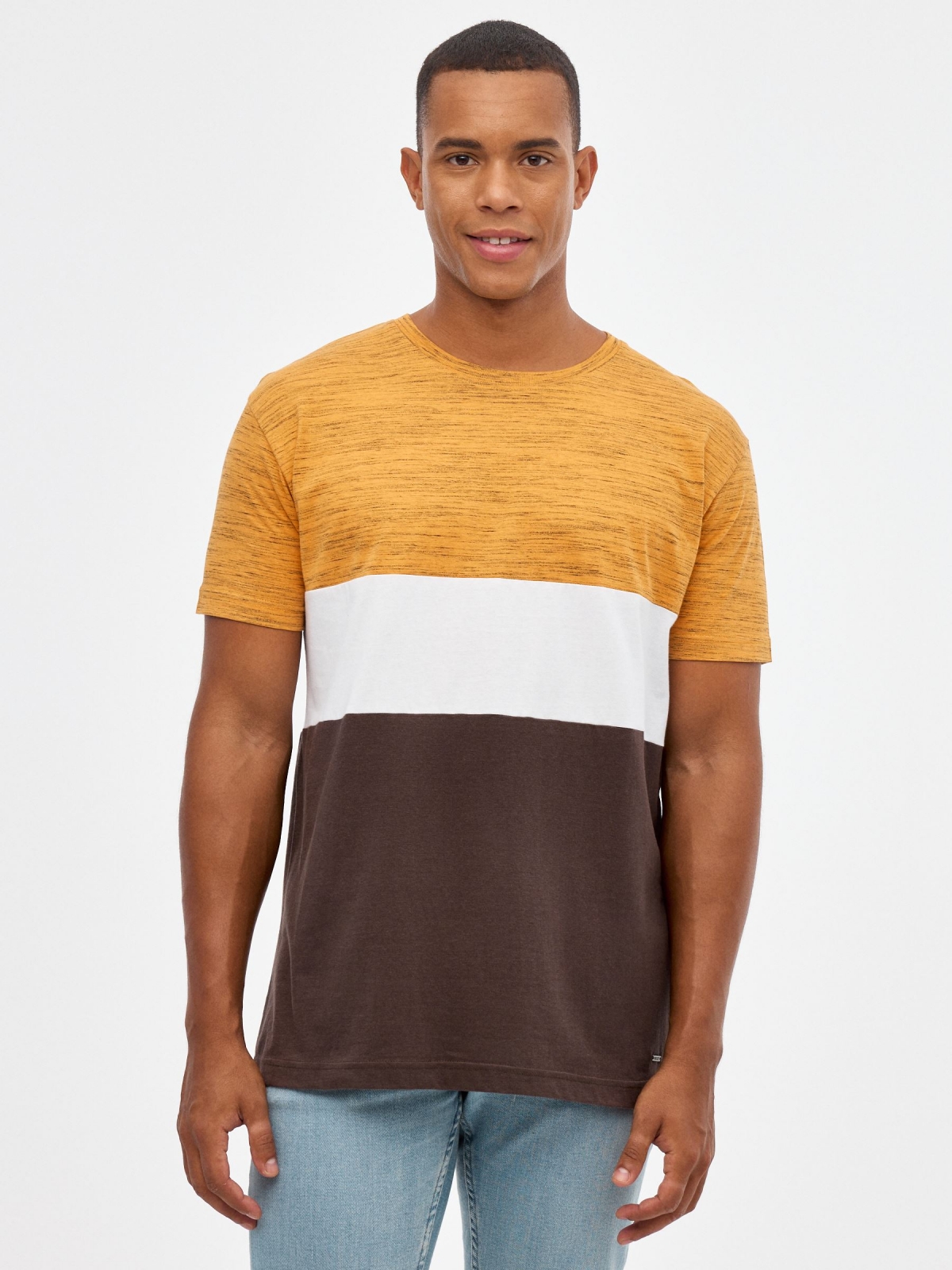 Camiseta regular color block chocolate vista media frontal