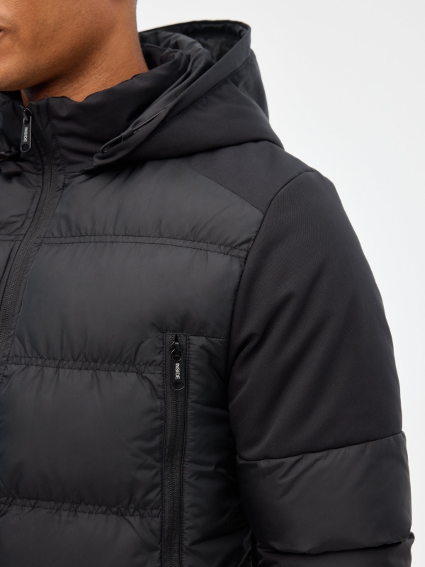 Nylon coat with long zippers black detail view
