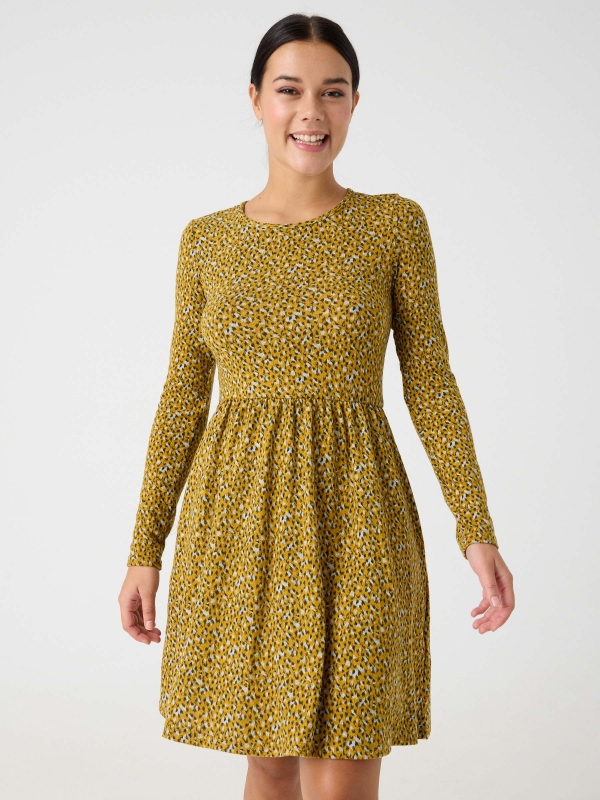 Flared animal print dress mustard middle front view