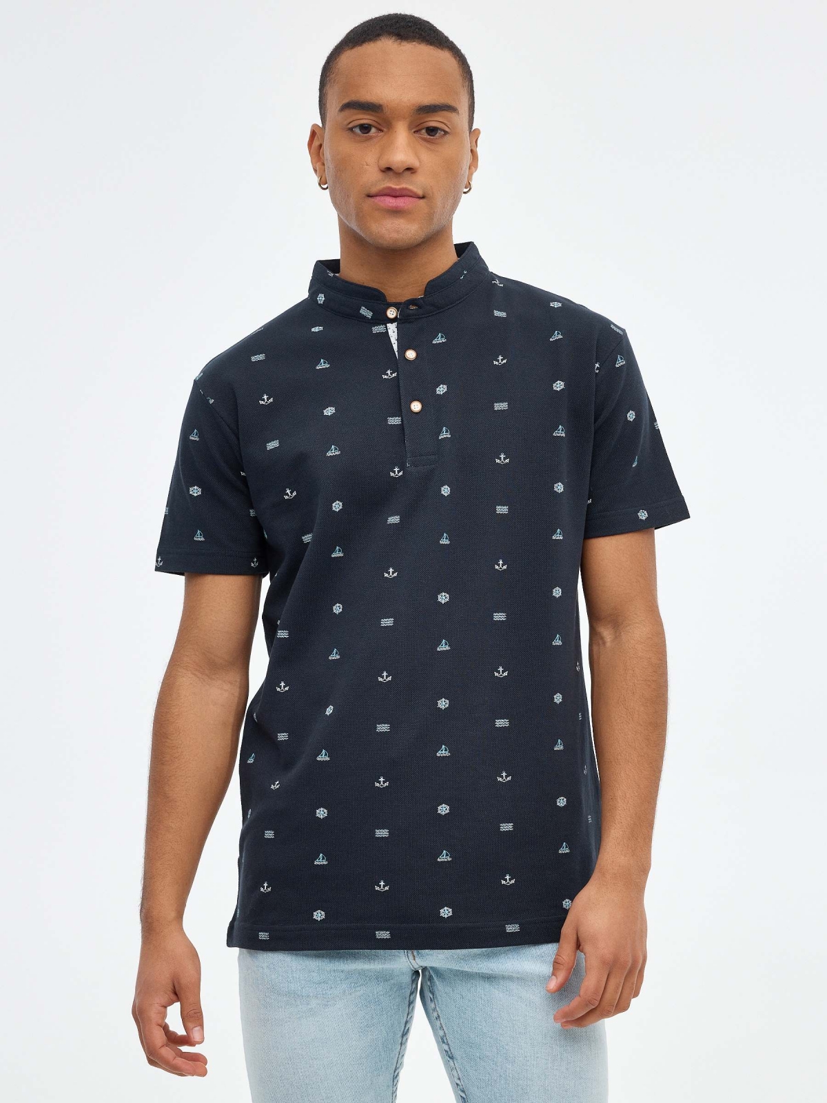 Sailor miniprint polo shirt navy middle front view