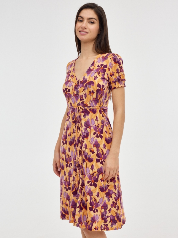 Midi Print dress with buttons salmon middle front view