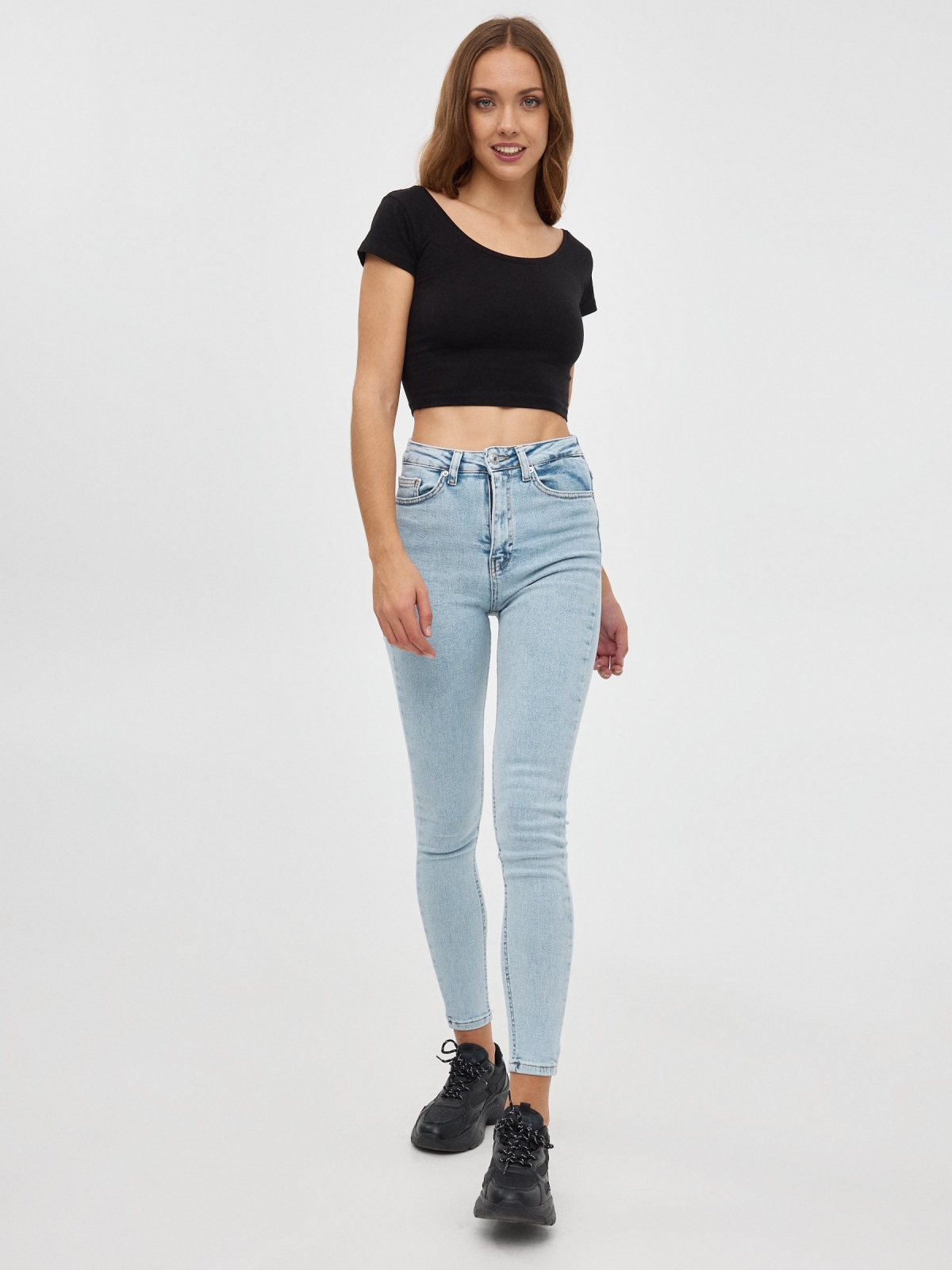 High rise skinny jeans light blue front view