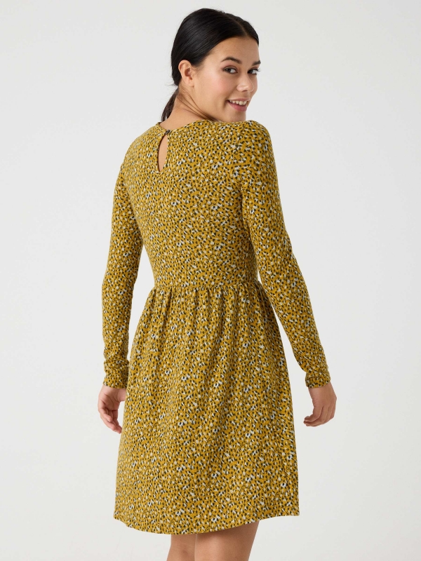 Flared animal print dress mustard middle back view