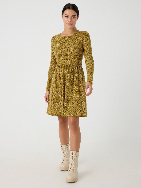 Flared animal print dress mustard front view