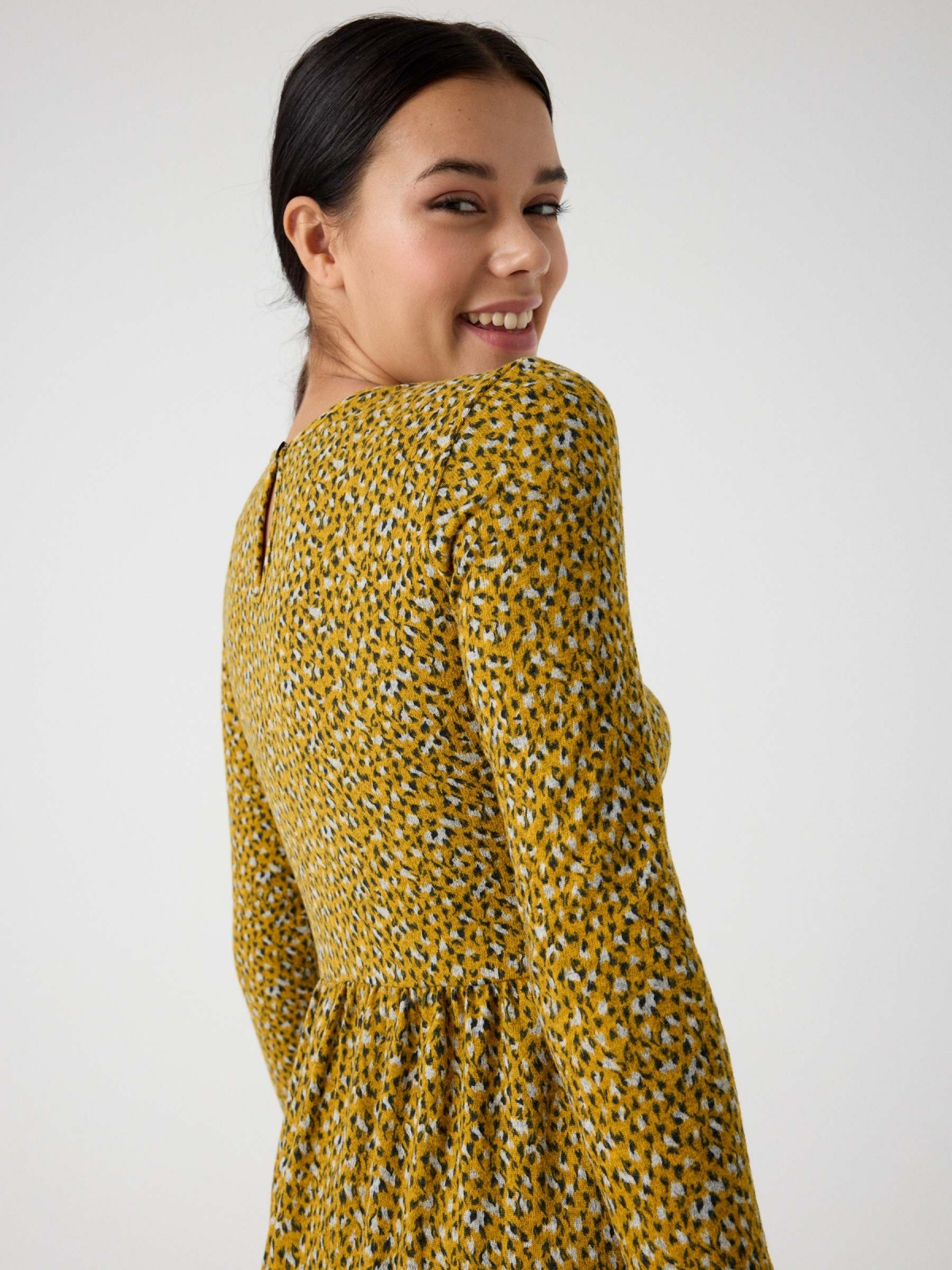 Flared animal print dress mustard detail view