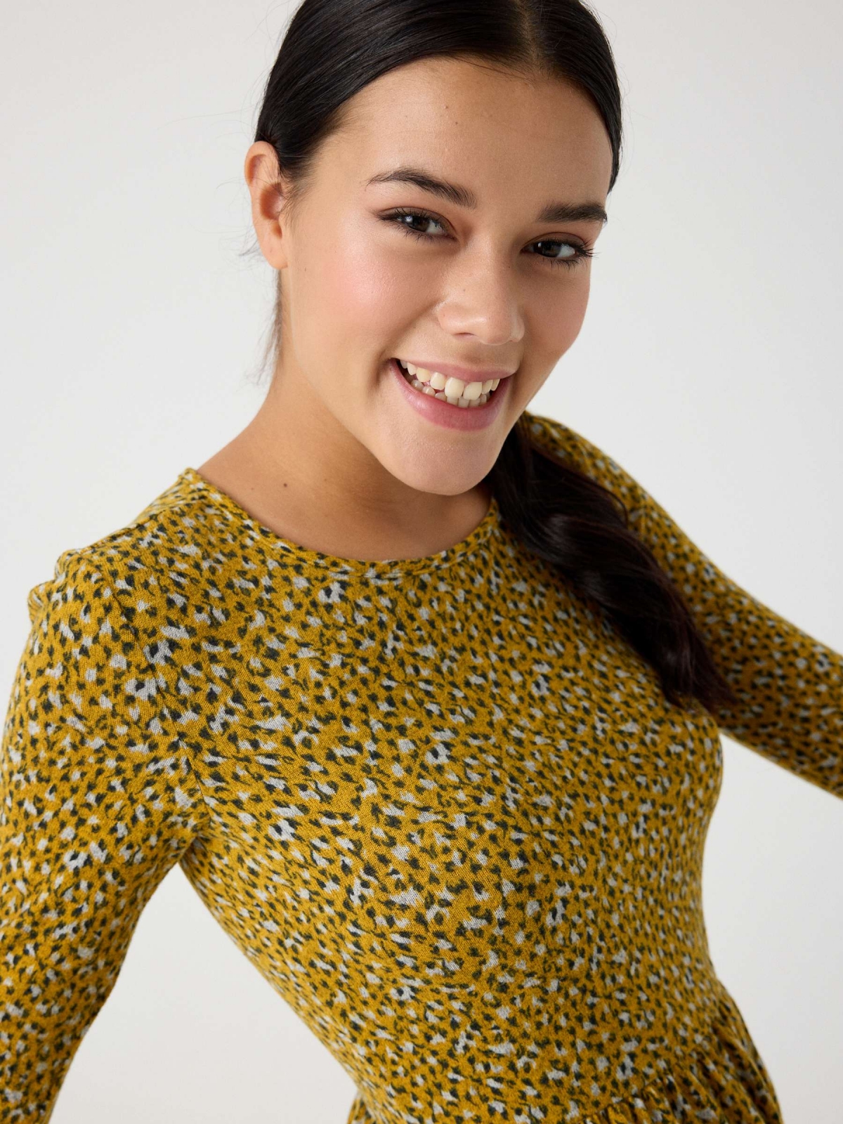 Flared animal print dress mustard detail view