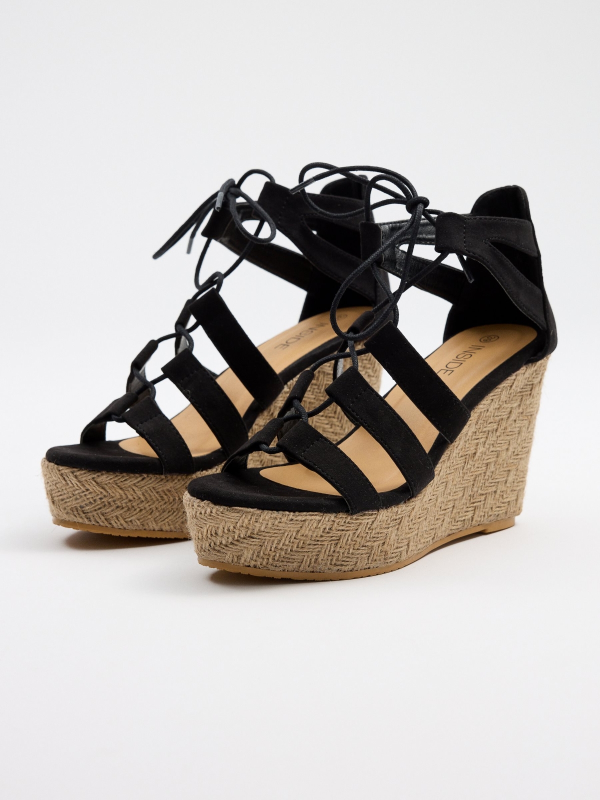 Wedges with lace-up straps black/beige 45º front view