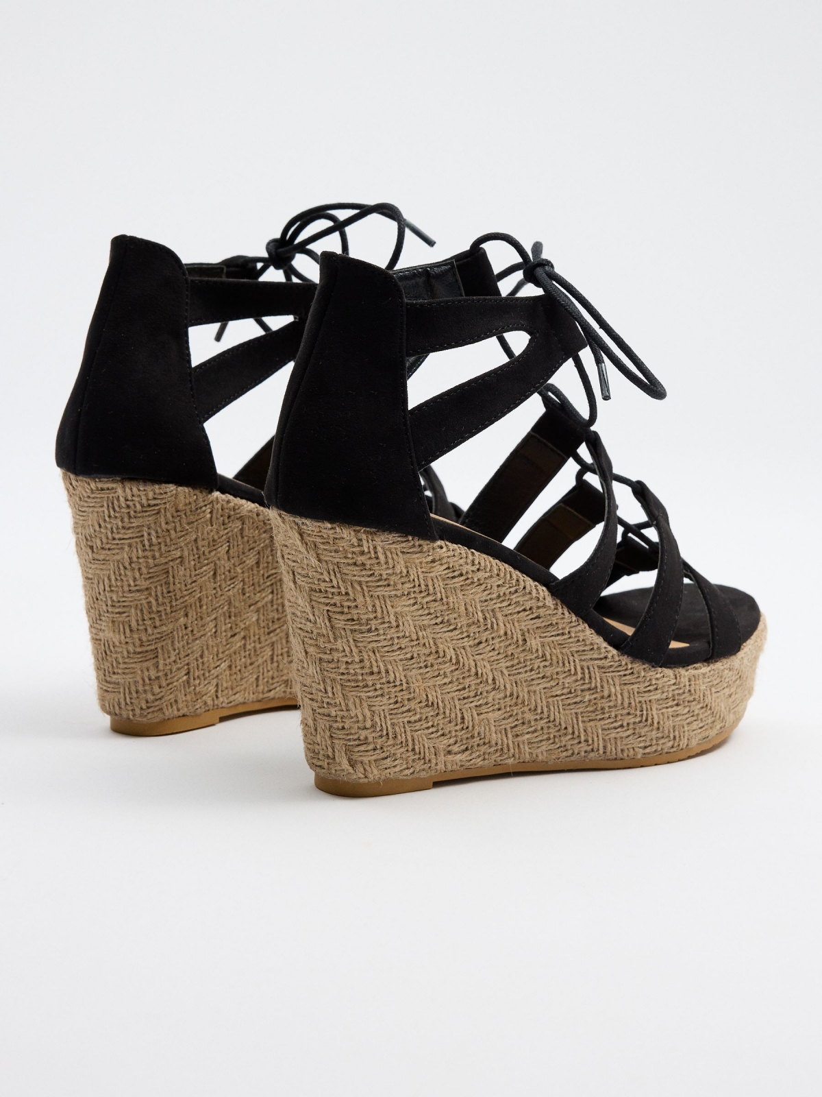 Wedges with lace-up straps black/beige 45º back view