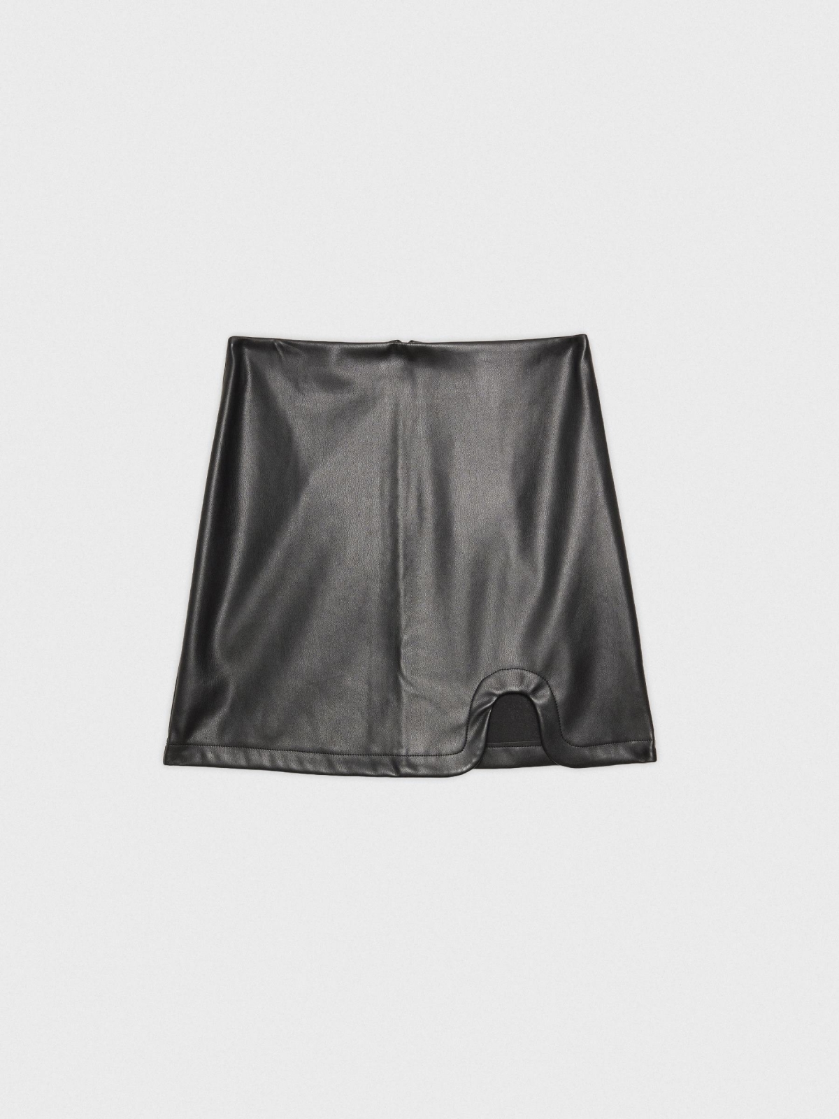  Mini-saia com efeito de couro e fenda preto