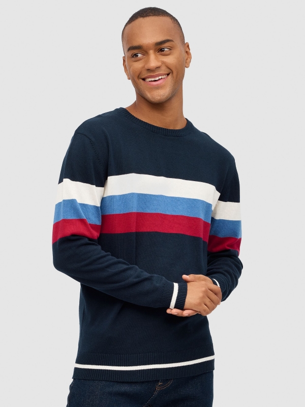 Regular sweater with stripes navy middle front view