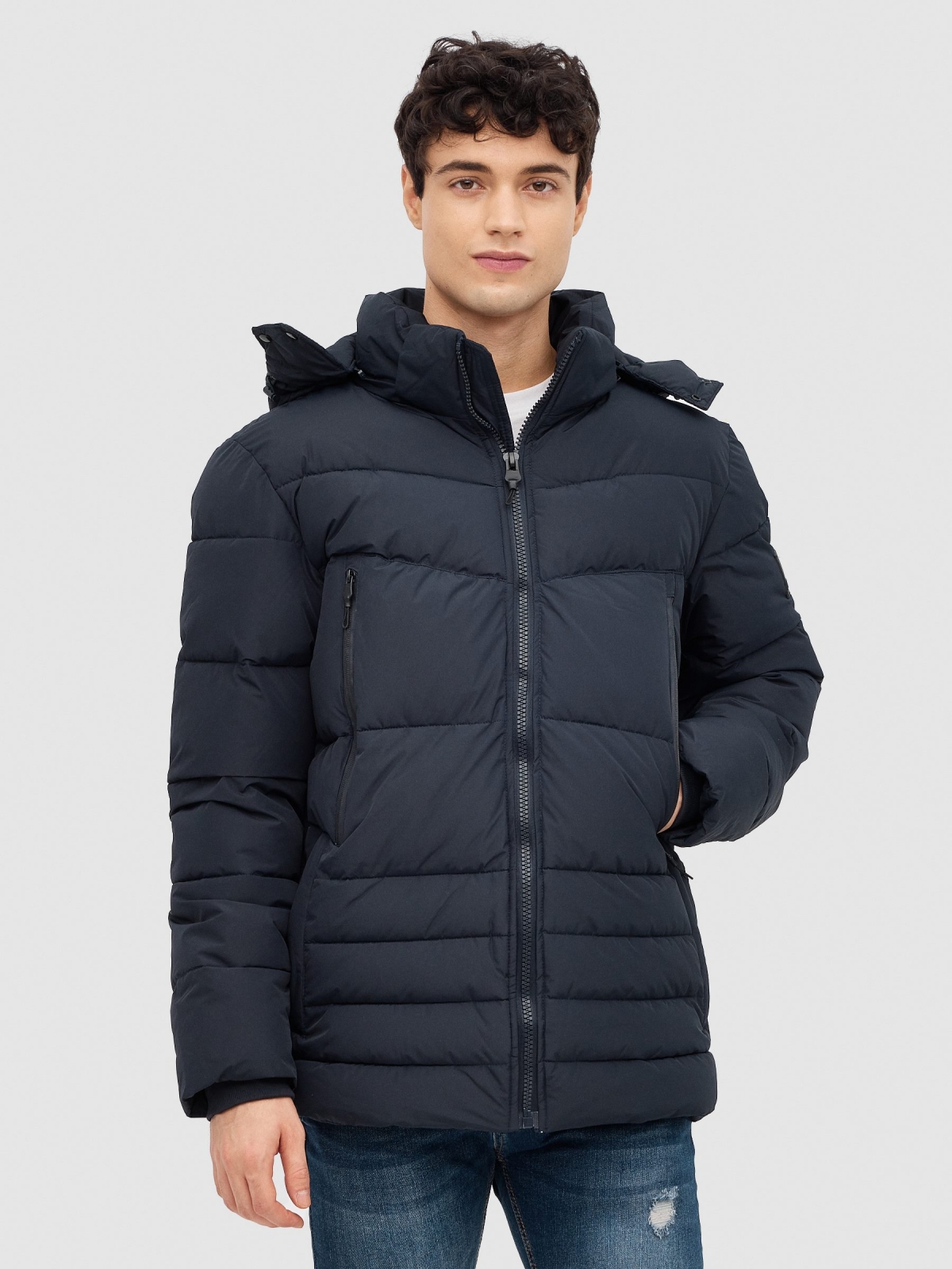 Nylon coat with zippered pockets blue middle front view