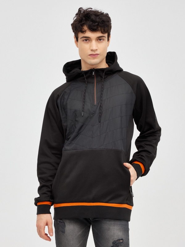 Semiclosed sweatshirt with hood black middle front view