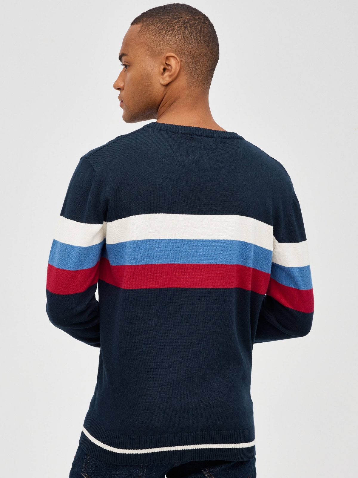 Regular sweater with stripes navy middle back view