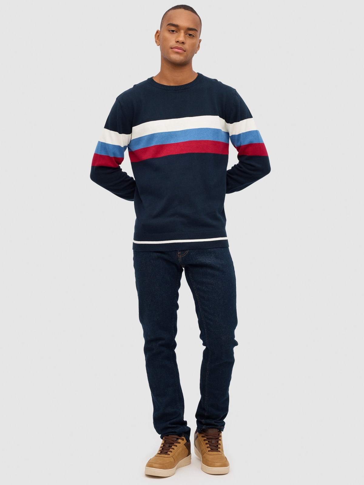 Regular sweater with stripes navy front view