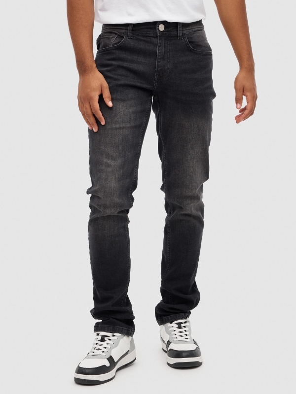Grey denim slim jeans black middle front view
