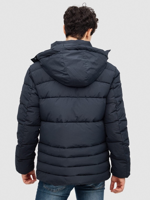 Nylon coat with zippered pockets blue middle back view