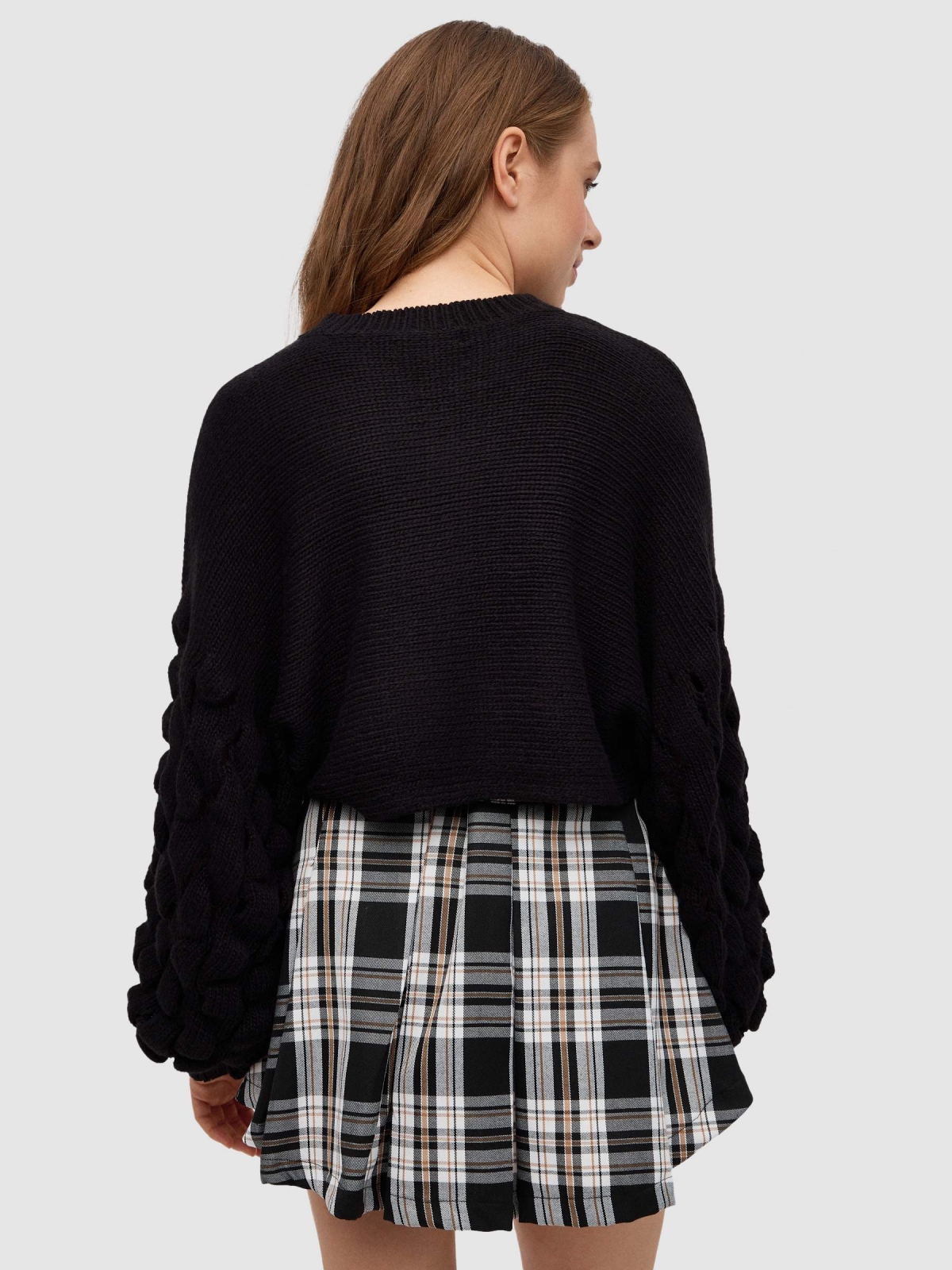 Crop sweater with puffed sleeves black middle back view