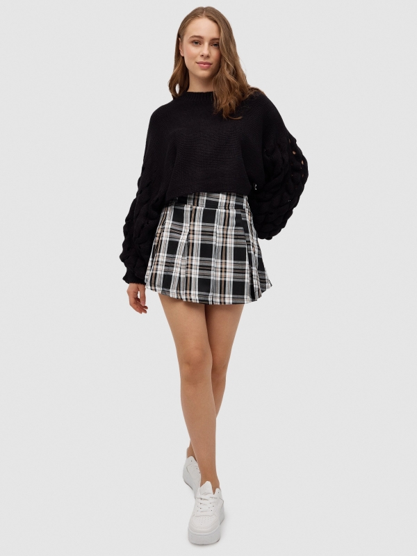 Crop sweater with puffed sleeves black front view