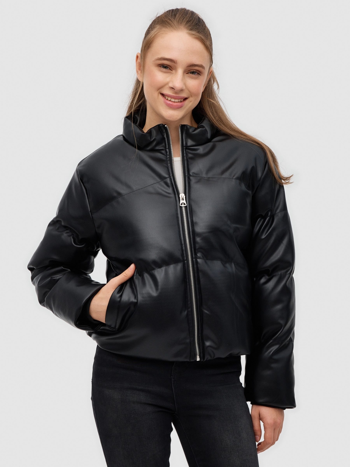 Quilted leatherette jacket black middle front view