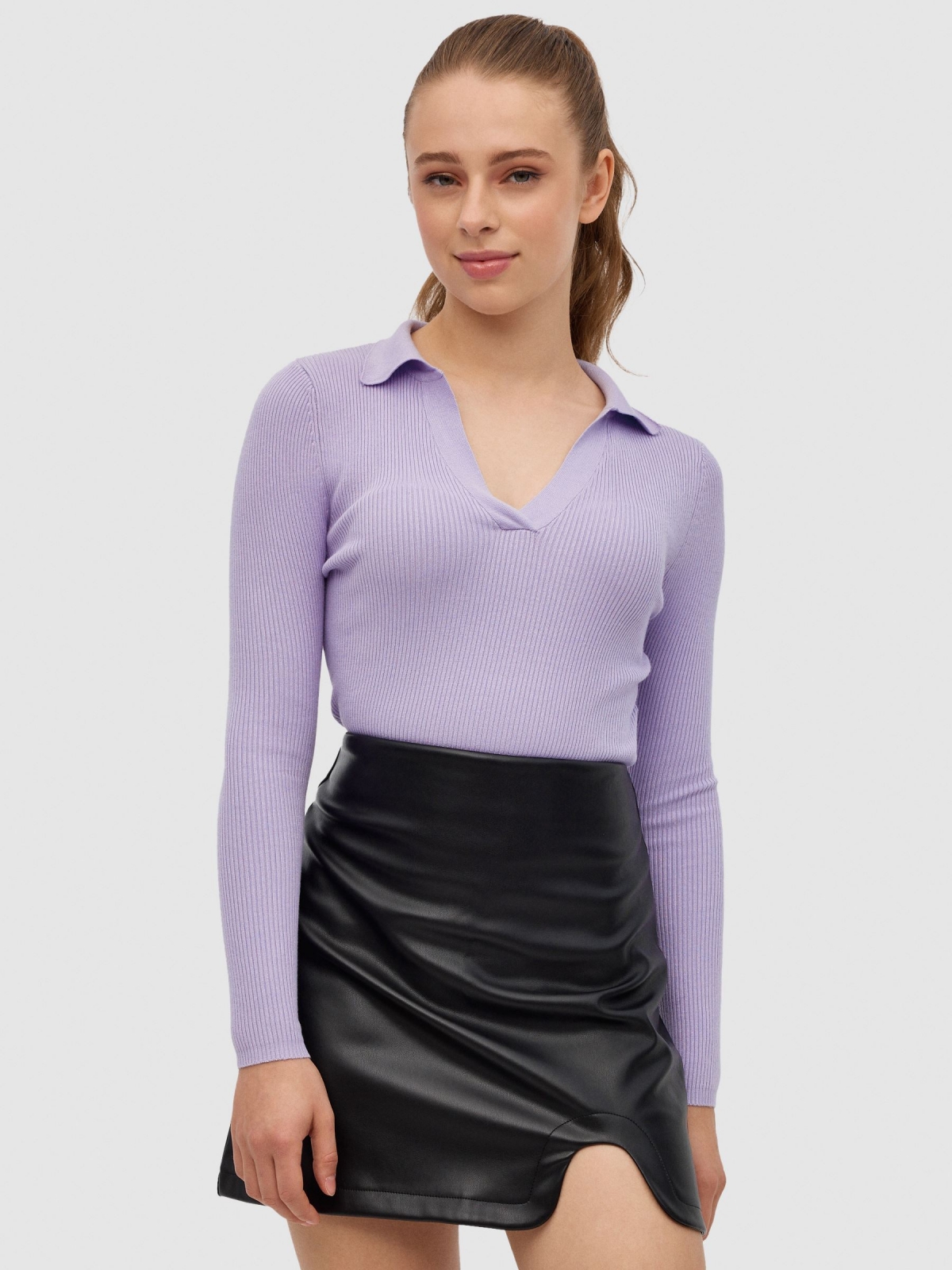 Slim crop polo neck sweater violet middle front view