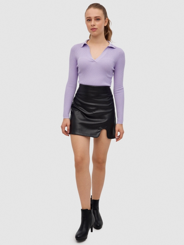 Slim crop polo neck sweater violet front view