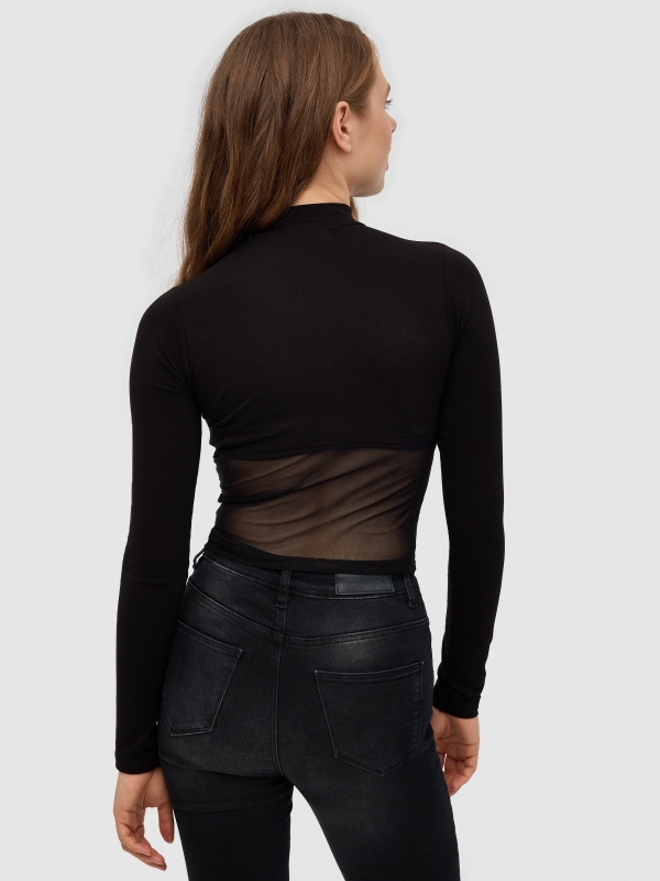 Perkins collar T-shirt with mesh black middle back view