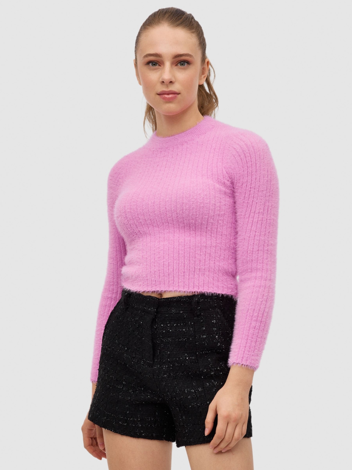 Knitted slim sweater pink middle front view