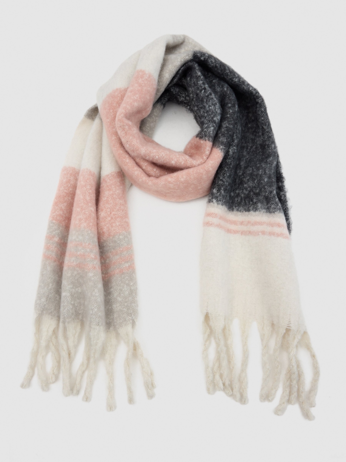 Soft color block scarf grey rolled view
