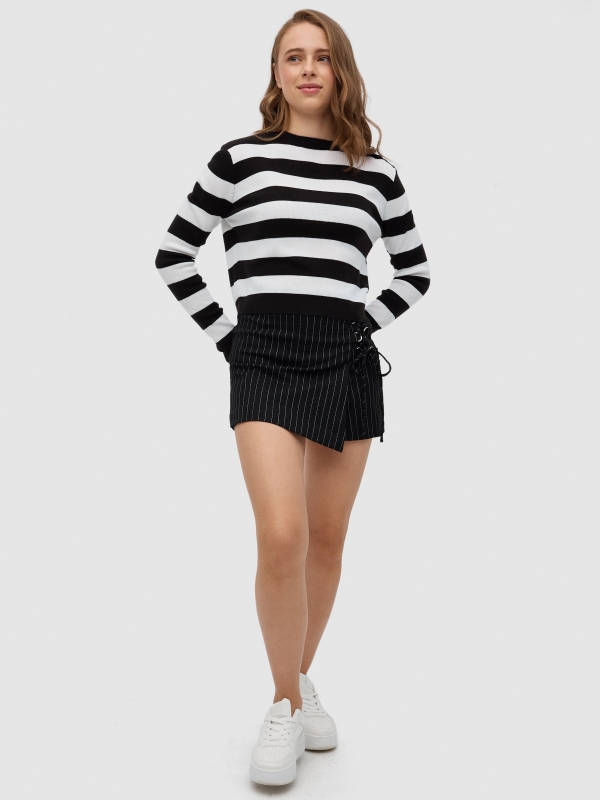 Striped crop sweater black front view