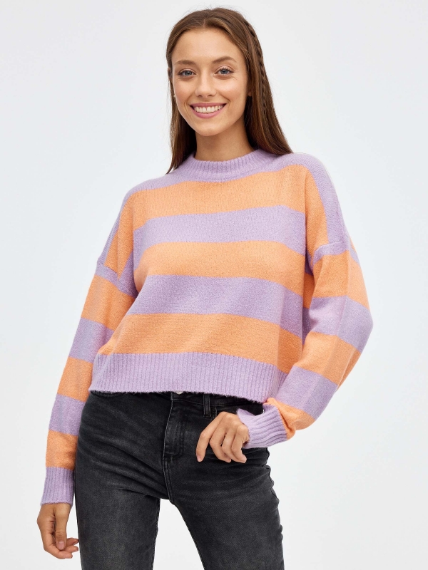 Oversized striped crop sweater lilac middle front view